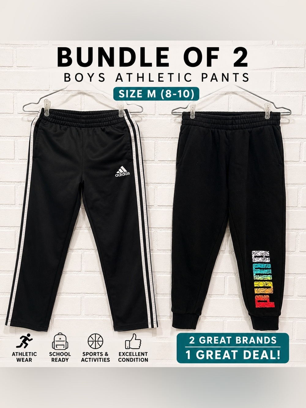 Bundle of 2 Boys Athletic Puma & Adidas/M (8-10) Black Joggers & Track Pants